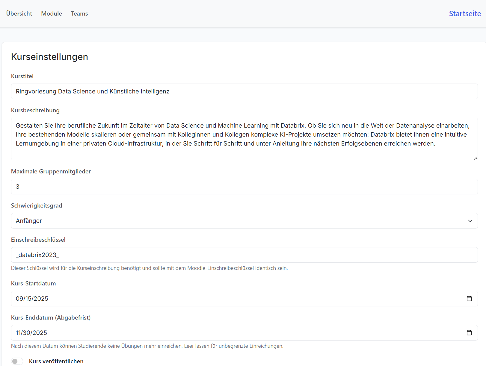 Kurs Einstellungen